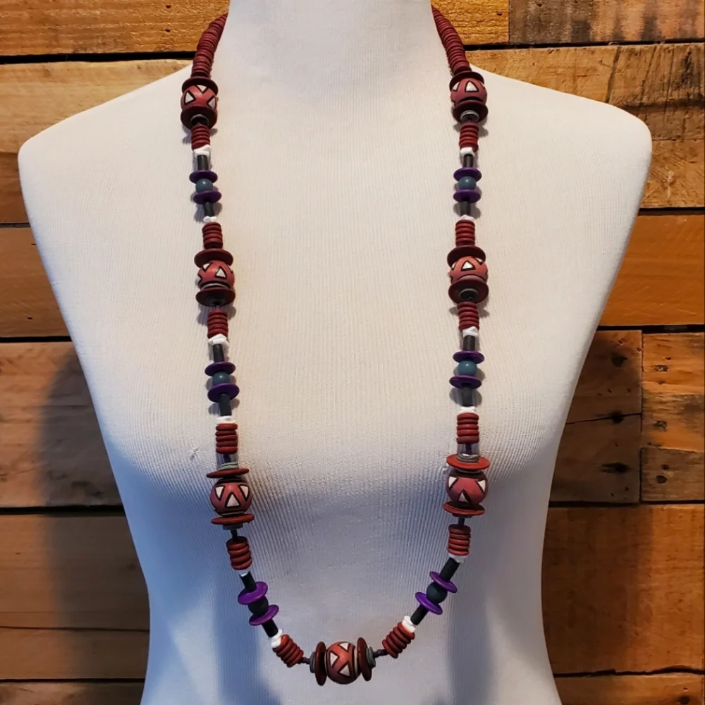 African inspired long wooden bead necklace in maroon, purple & green